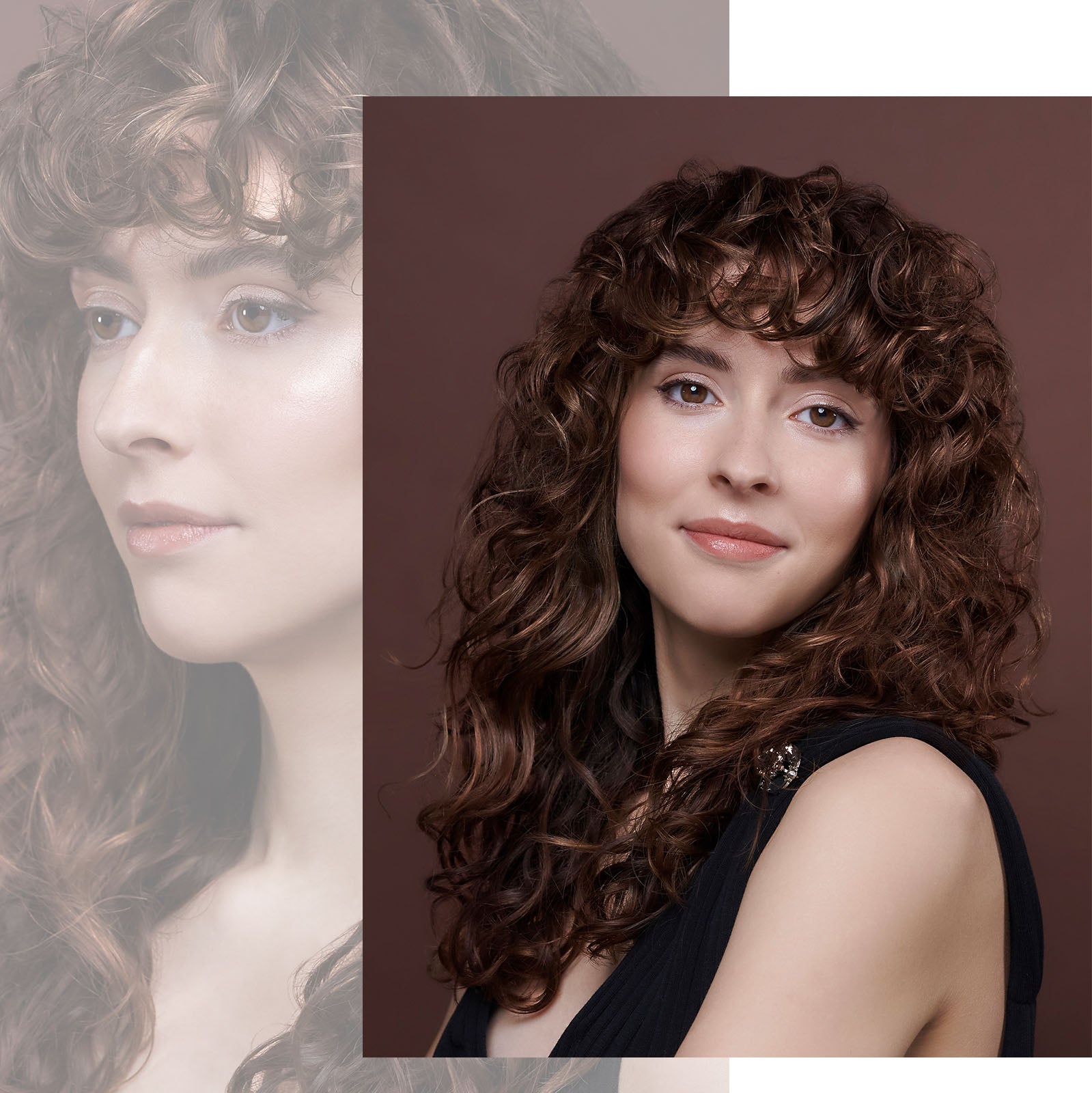 Kvinde med krøllet mørkebrunt hår foran brun, ensfarvet baggrund.