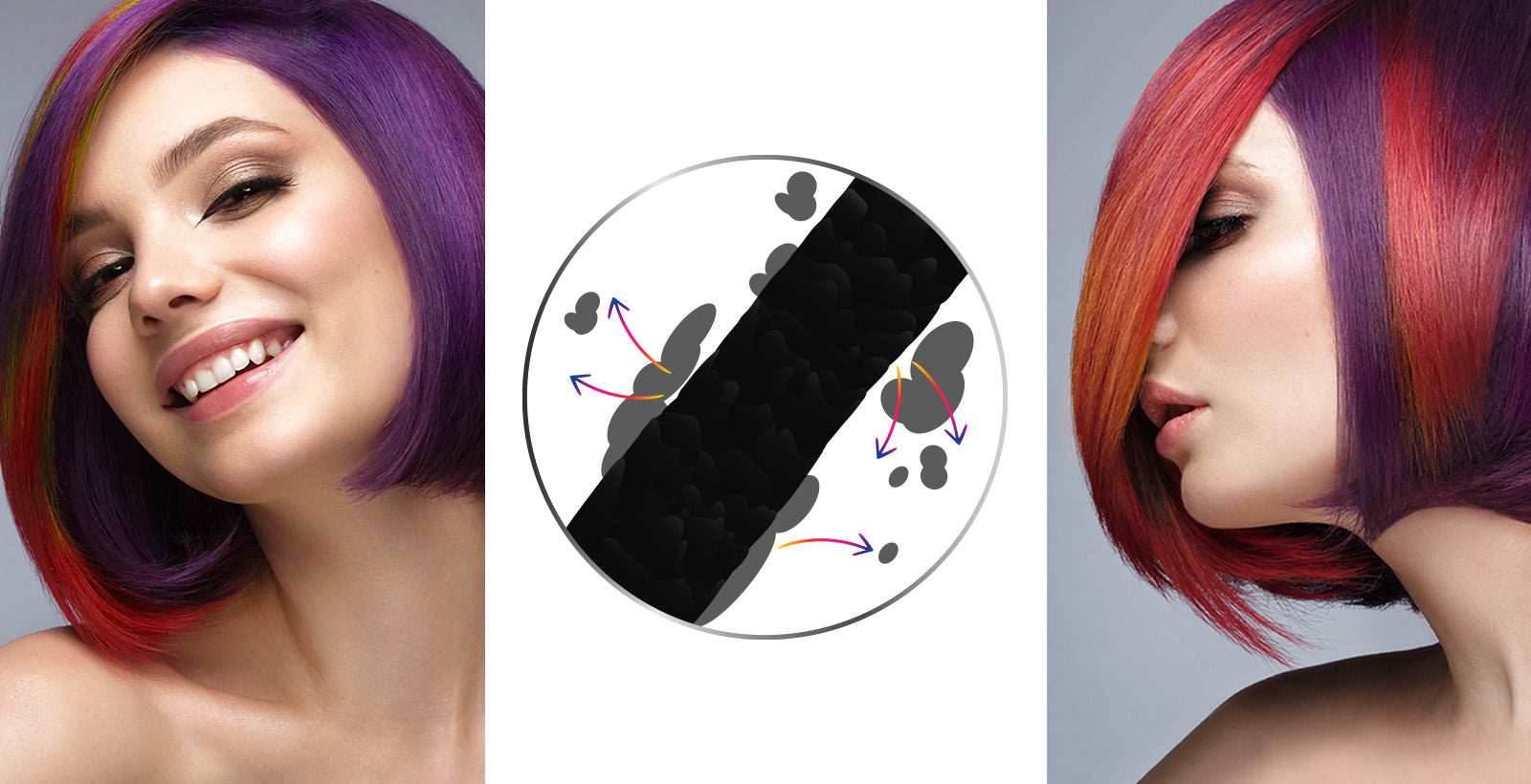Kvinde med lilla og rød hårfarve samt illustration af hårstrå i midten.