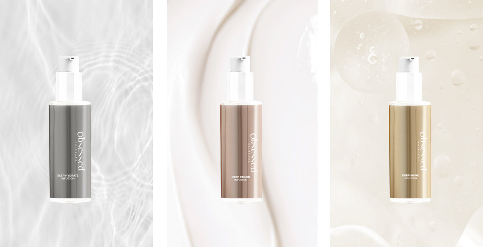 Tre Obsessed Haircare produkter i metallic nuancer på lys baggrund.