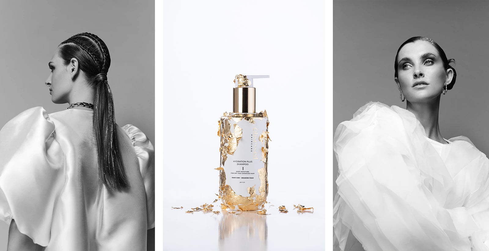 Sort/hvidt billede af kvinde med fletdetaljer i håret og Obsessed Haircare shampoo flaske dekoreret med guldblade.