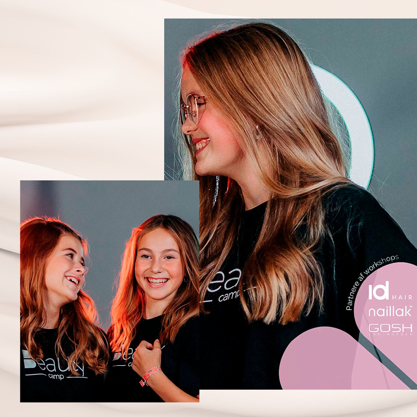 To piger i sorte T-shirts med teksten "Beauty Camp" smiler til hinanden til en workshop.