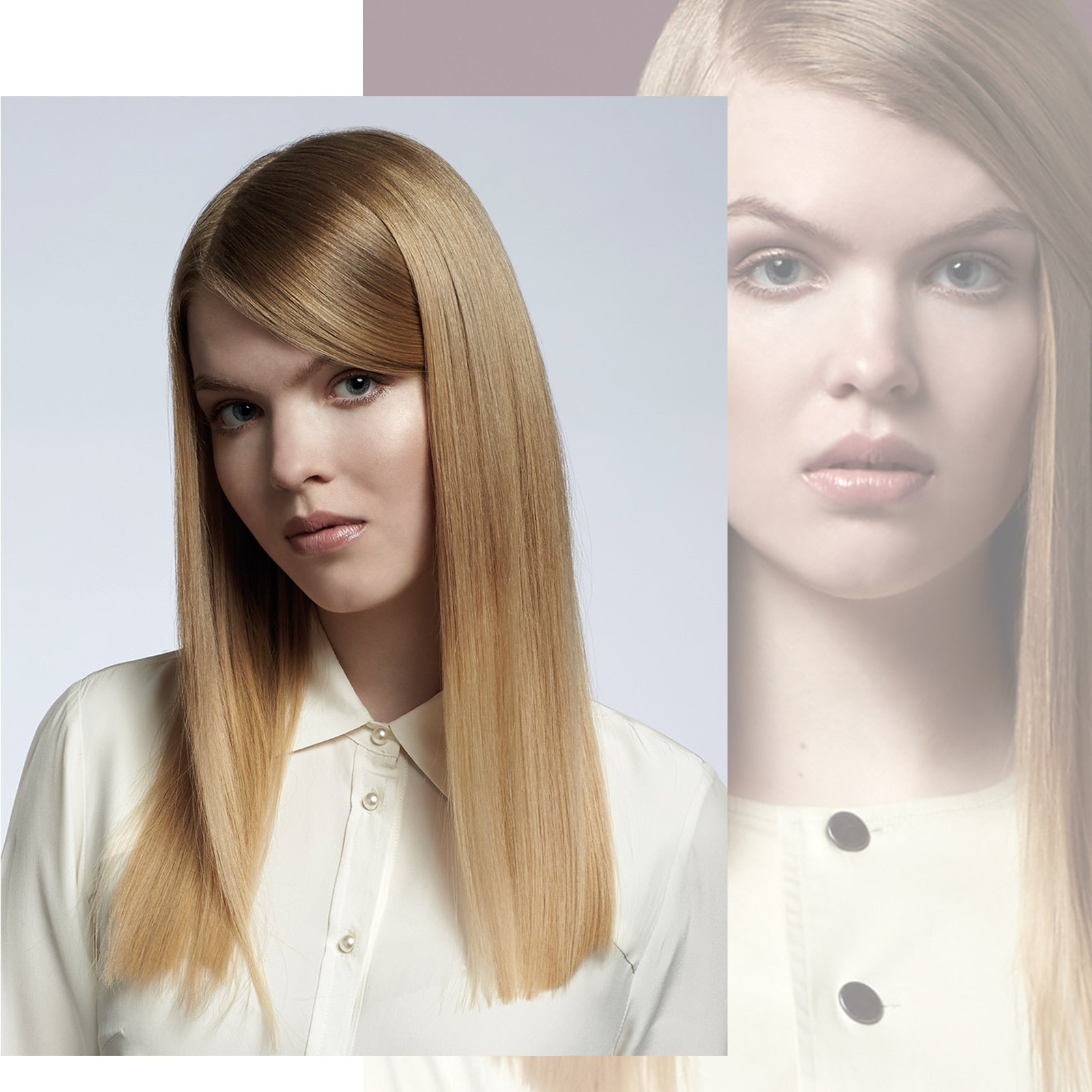 Kvinde med langt, glat, blondt hår og sideskilning iført hvid skjorte