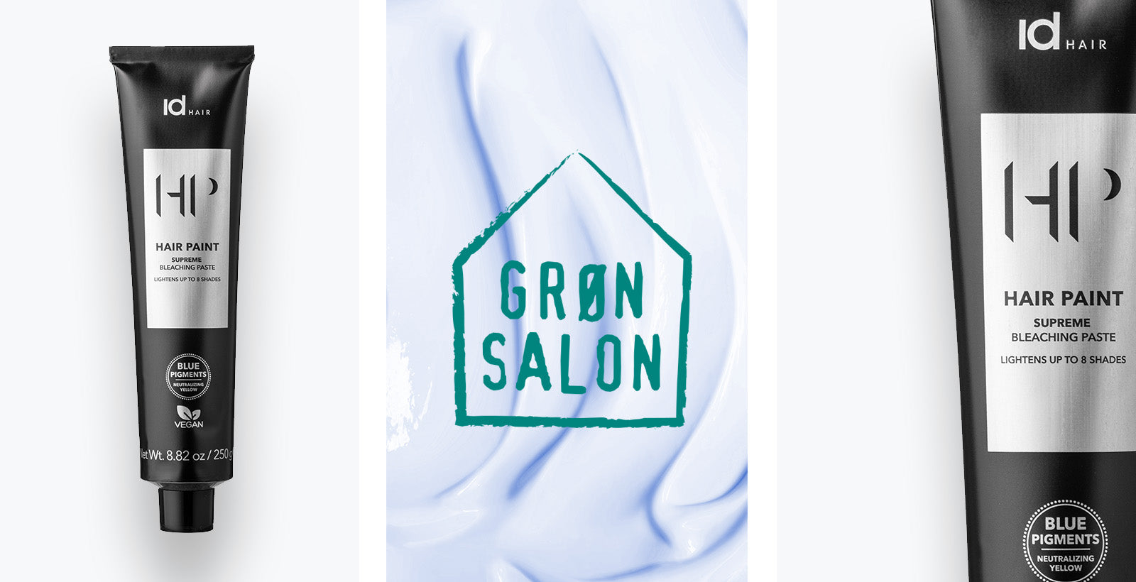IdHAIR Hair Paint farvetuber med Grøn Salon-logo og lys lilla baggrund.