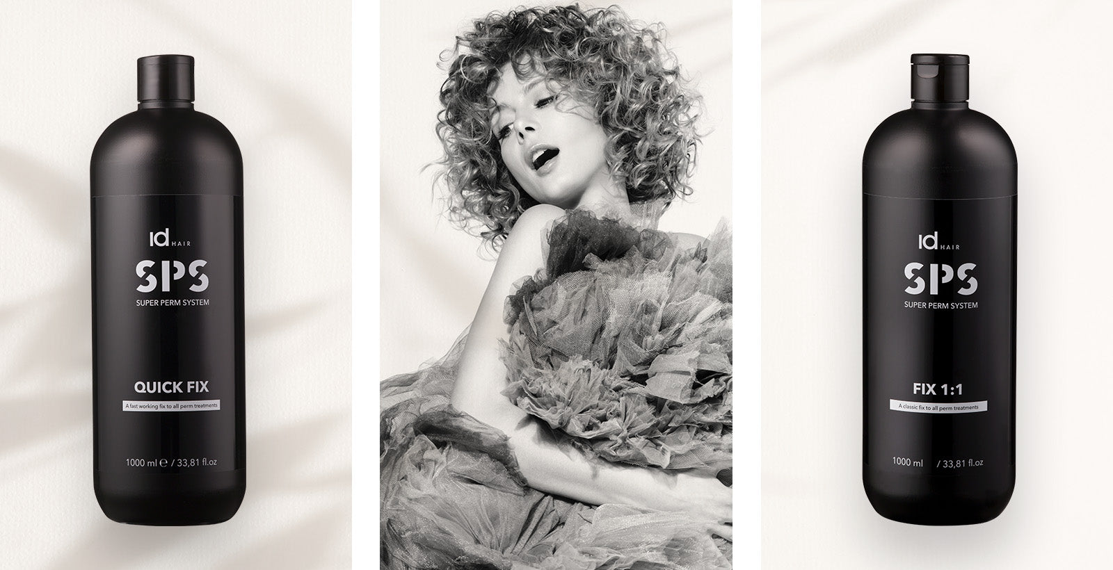 IdHAIR SPS-produkter flankeret af kvinde med krøllet hår i dramatisk styling.