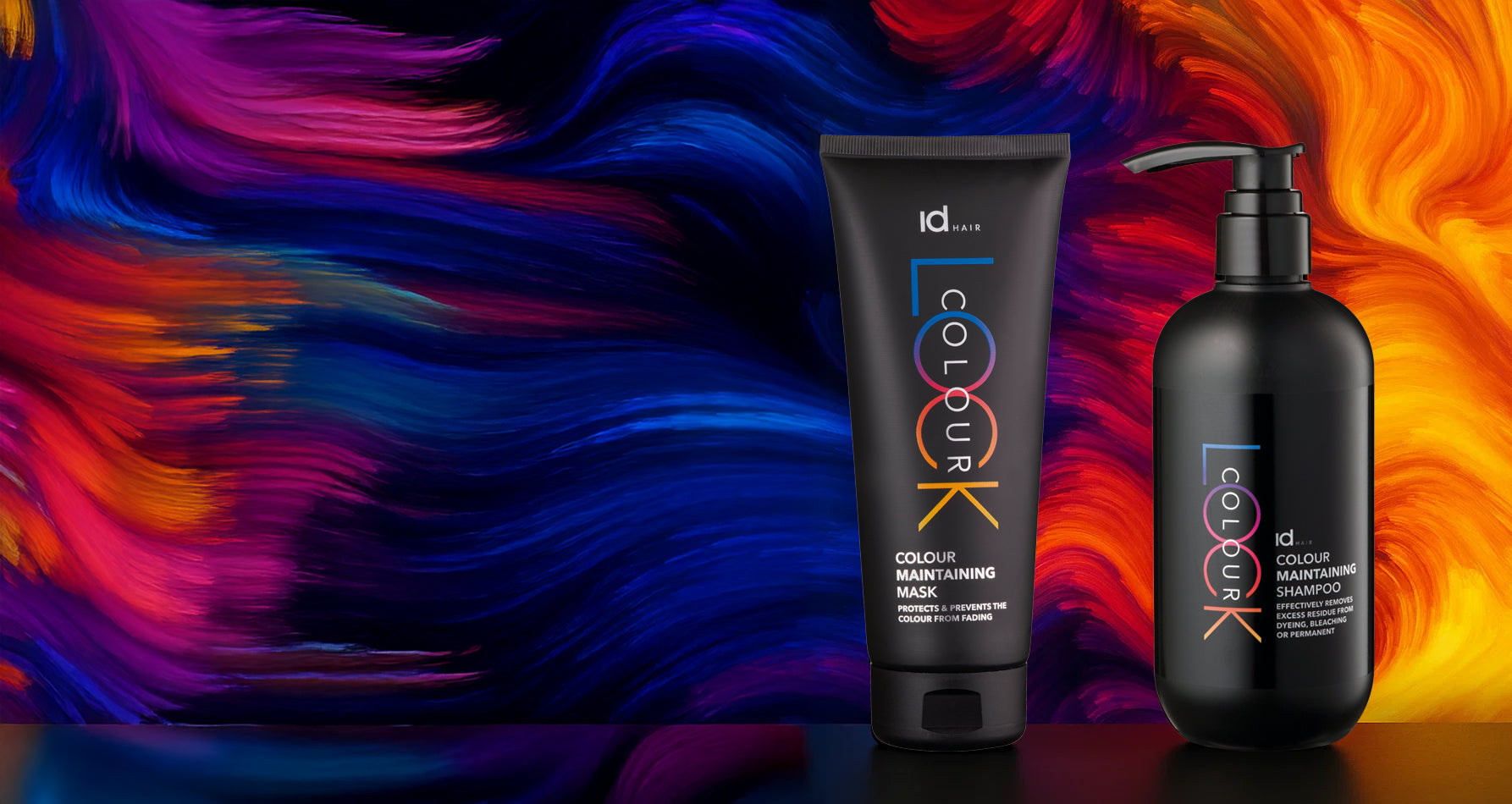 IdHAIR Colour-produkter foran farverig baggrund i blå, pink og orange toner.