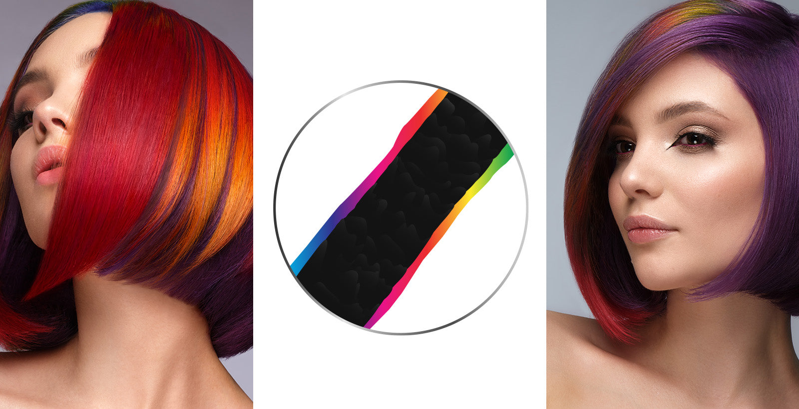 Kvinde med flerfarvet hår og grafisk visning af farvepigmenter i hårstrå.