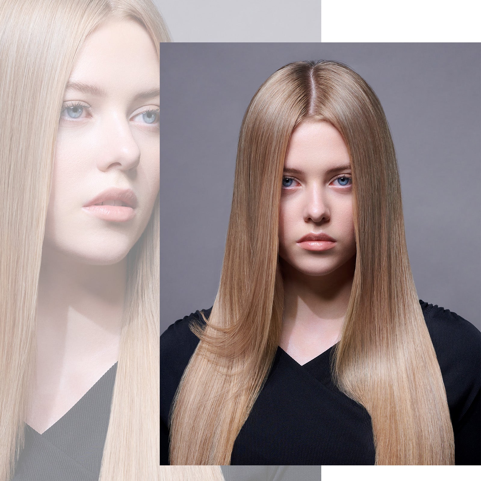 Kvinde med langt, glat blondt hår. Kvinden har midterskilning og kigger intenst ind i kameraet. 