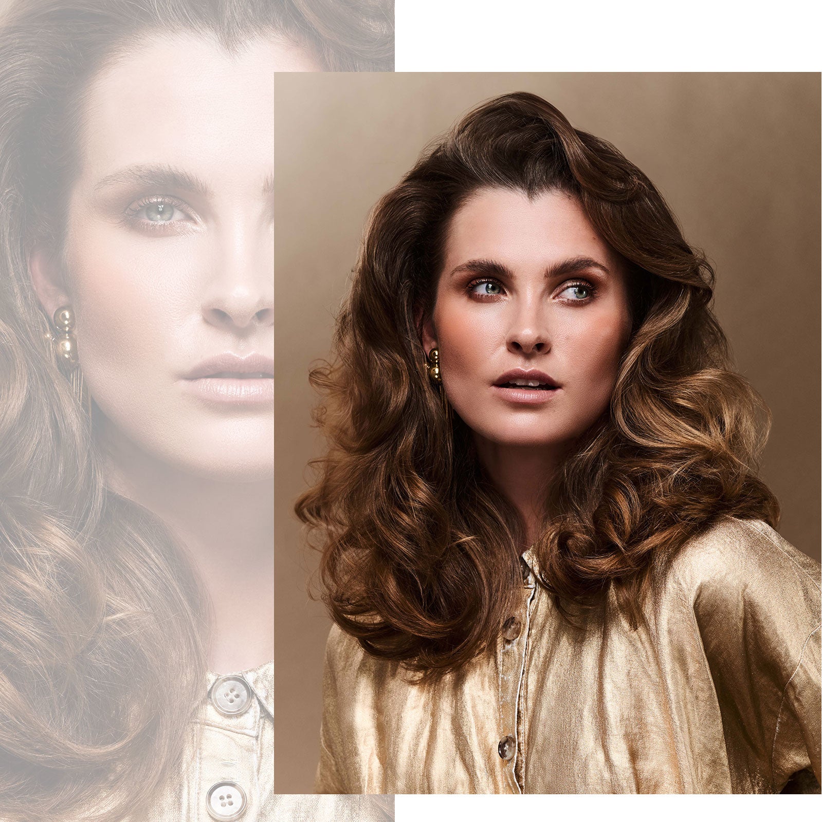 Kvinde med store stilede krøller og mellemlangt hår. Kvinden har gyldent tøj på og står foran mellembrun baggrund. 