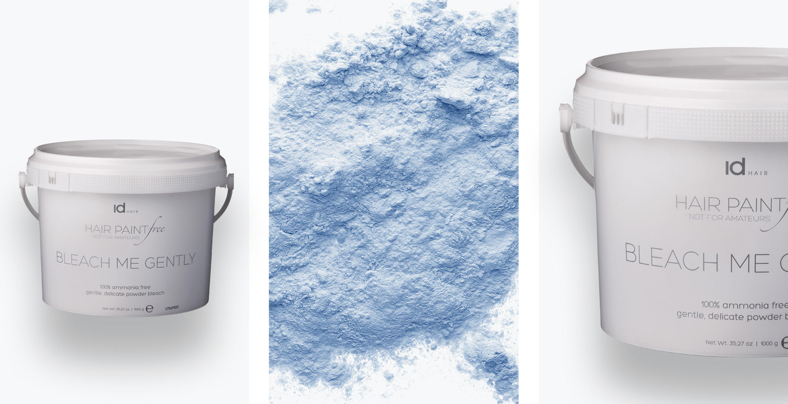IdHAIR Hair Paint Free Bleach Me Gently spande og blåt pulver på hvid baggrund.