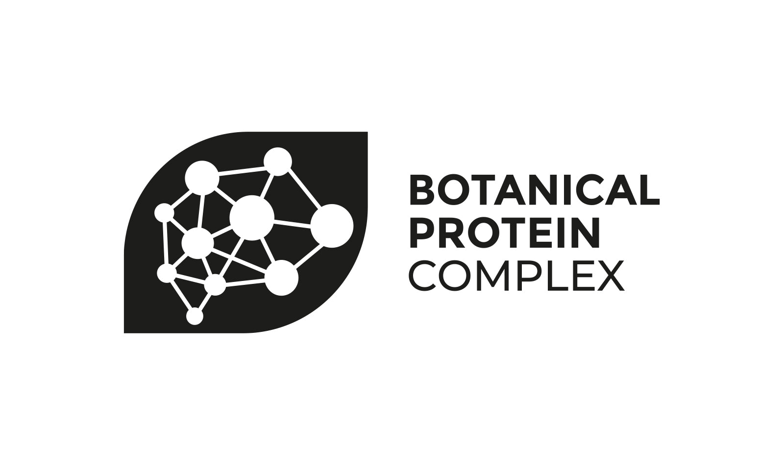 Sort og hvidt ikon for Botanical Protein Complex med molekylestruktur i bladform.