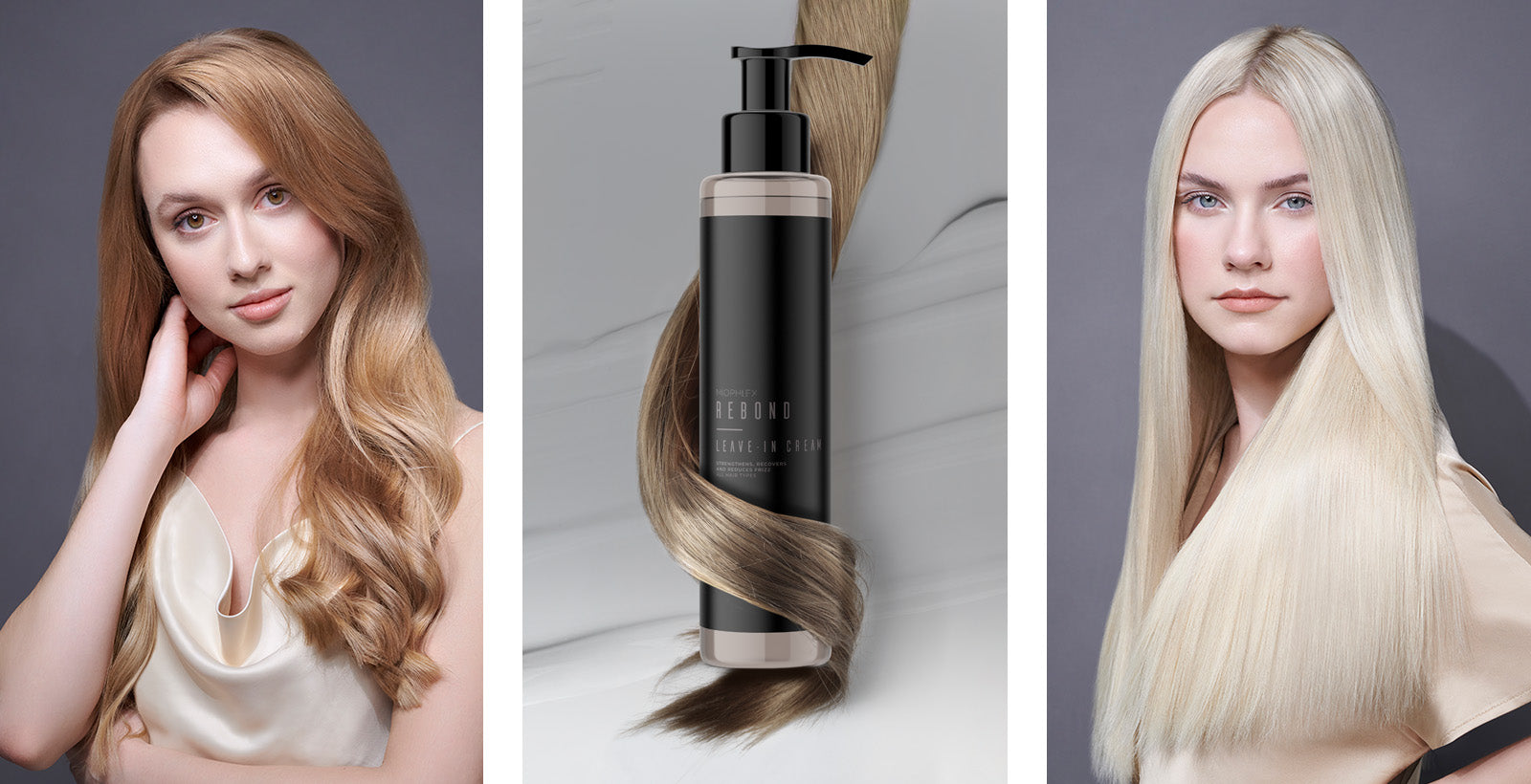 Kvinder med blondt og gyldent hår samt Nioplex Rebond produktflaske omgivet af hårlok.