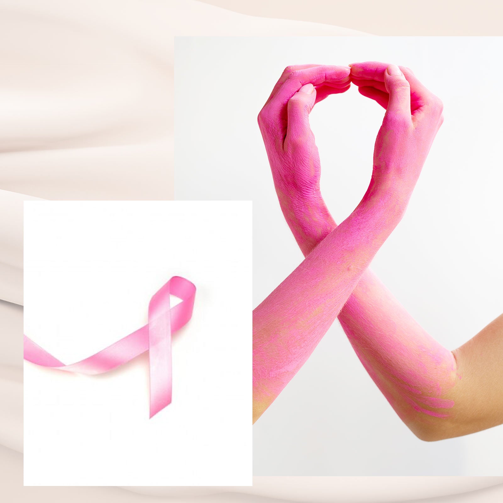 To arme malet med pink farve danner et hjerteformet tegn med hænderne, pink sløjfe ved siden af.